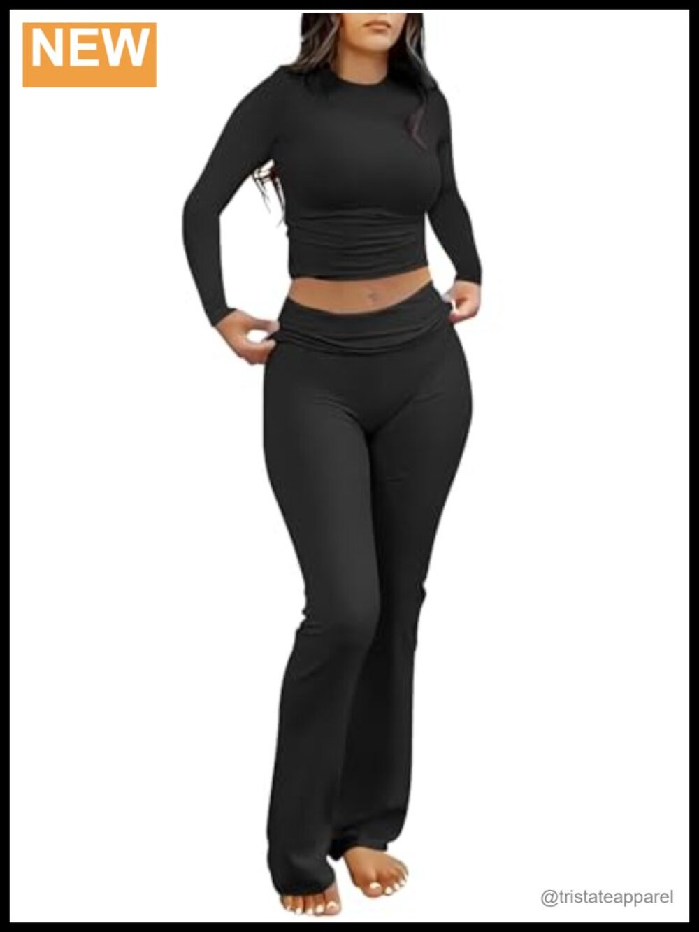 2 Piece Lounge Set Long Sleeve Crop Top Flare Pants Rayon Blend